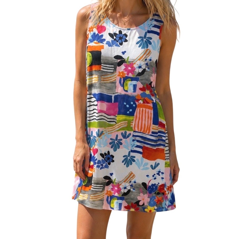 VTG Jams World Abstract Floral Shift Dress Womens Size S Maximalist Artsy Beach